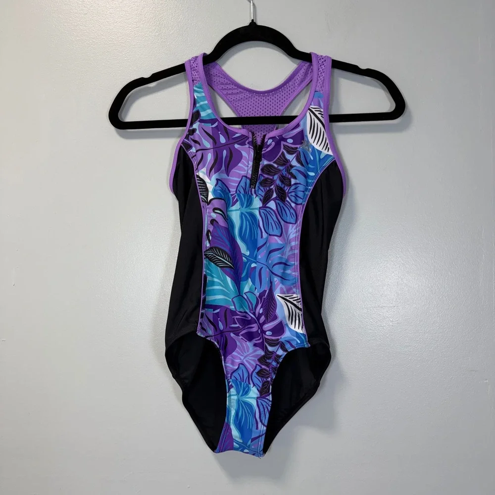 ZeroXposur‎ Girls Tropical Leaf One Piece Swimsuit Purple Blue Zip Front Sz L 14